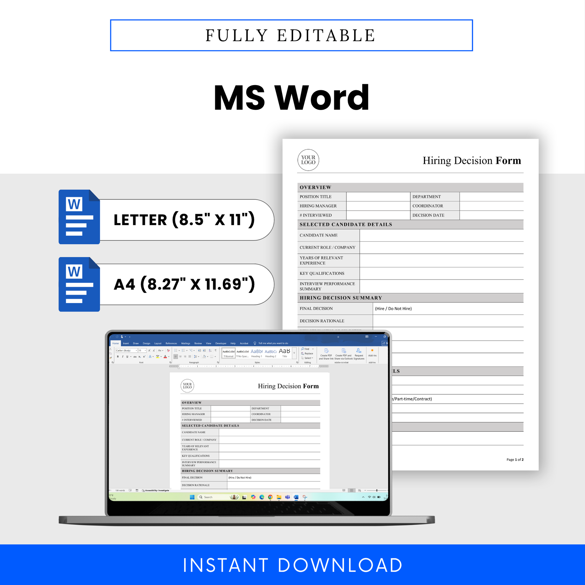 Hiring Decision Form Template Word displayed with US Letter and A4 sizes, highlighting full editability and ease of customization. This editable Hiring Decision Template is perfect for managers and HR teams who want a flexible business document.