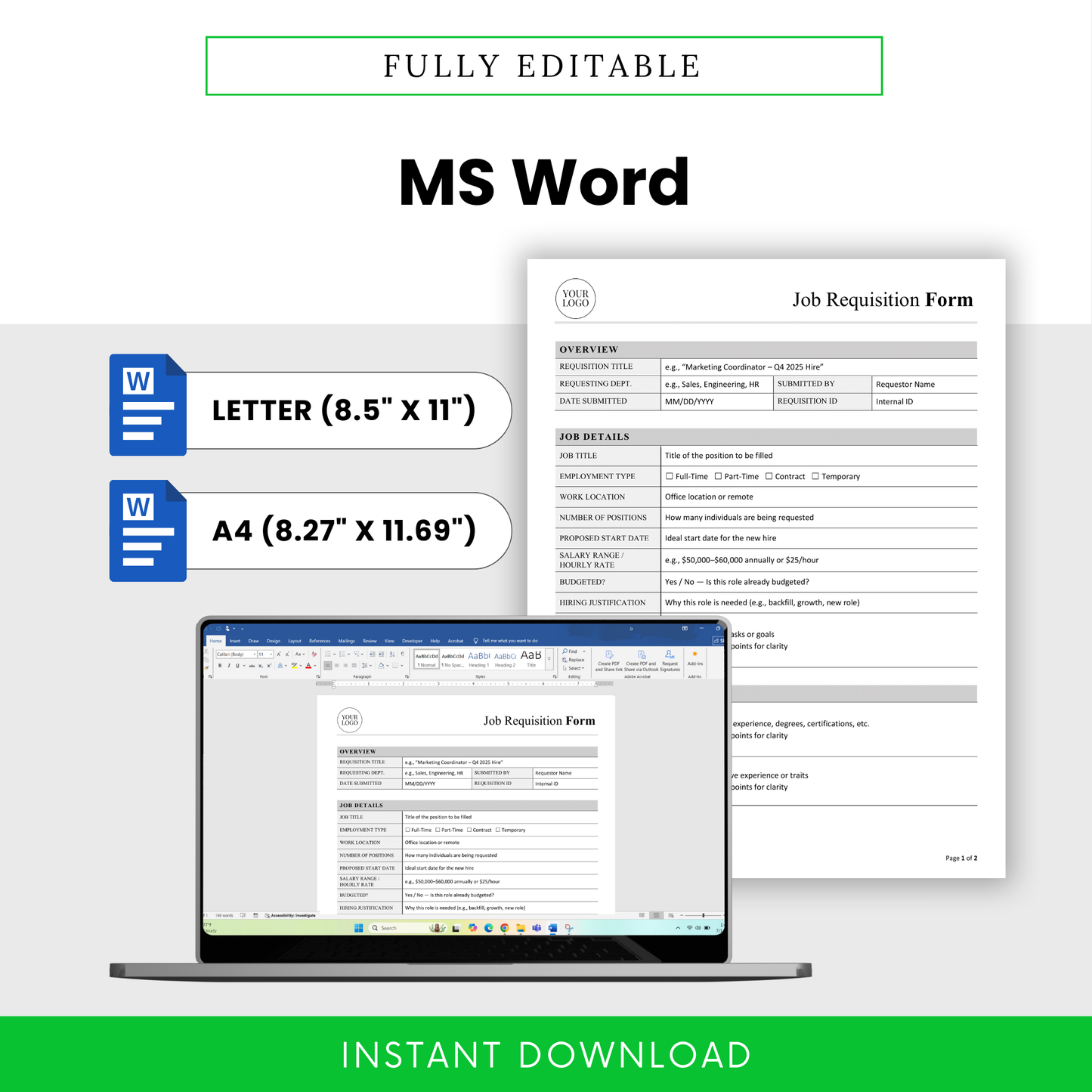 Editable MS Word job requisition form template, HR hiring request document in Letter and A4 format, customizable recruitment form, professional business template