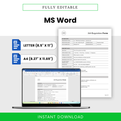 Editable MS Word job requisition form template, HR hiring request document in Letter and A4 format, customizable recruitment form, professional business template