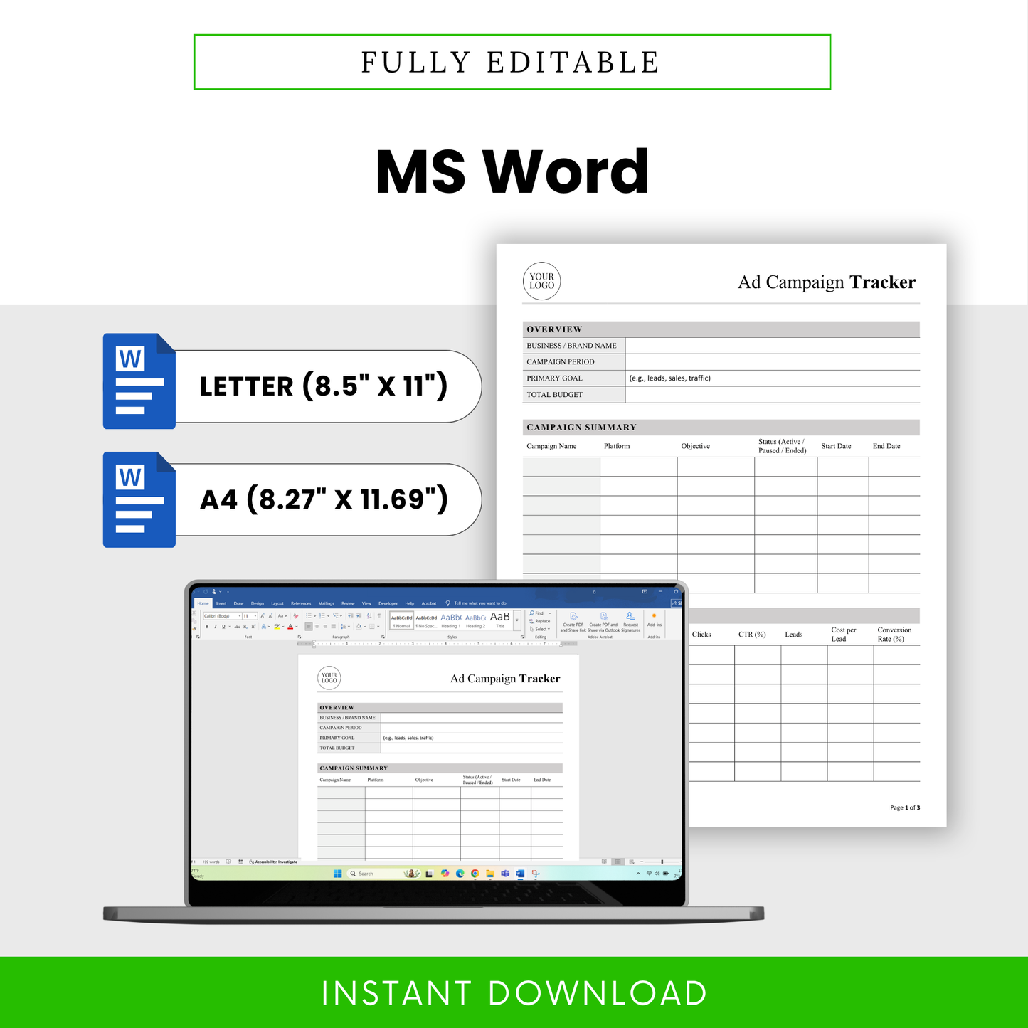 Ad Campaign Tracker Template Word format with US Letter and A4 sizes shown on a laptop screen. This fully editable business template allows users to easily customize and manage advertising campaigns in Microsoft Word.
