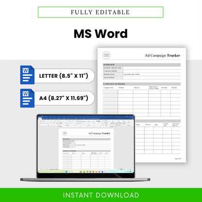 Ad Campaign Tracker Template Word format with US Letter and A4 sizes shown on a laptop screen. This fully editable business template allows users to easily customize and manage advertising campaigns in Microsoft Word.