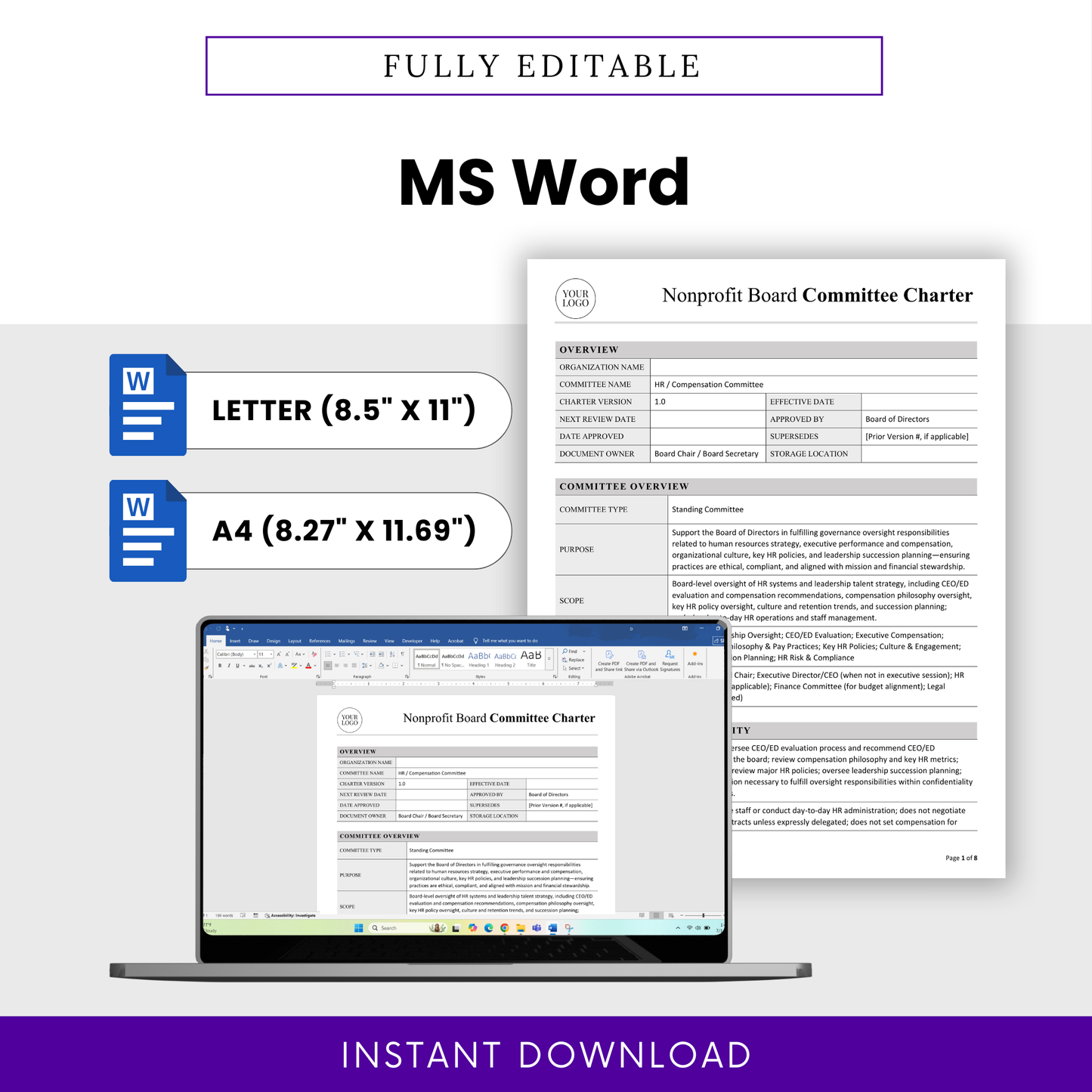 Editable nonprofit board charter template in Microsoft Word format with letter and A4 sizes, customizable document with professional layout for HR and compensation committee use