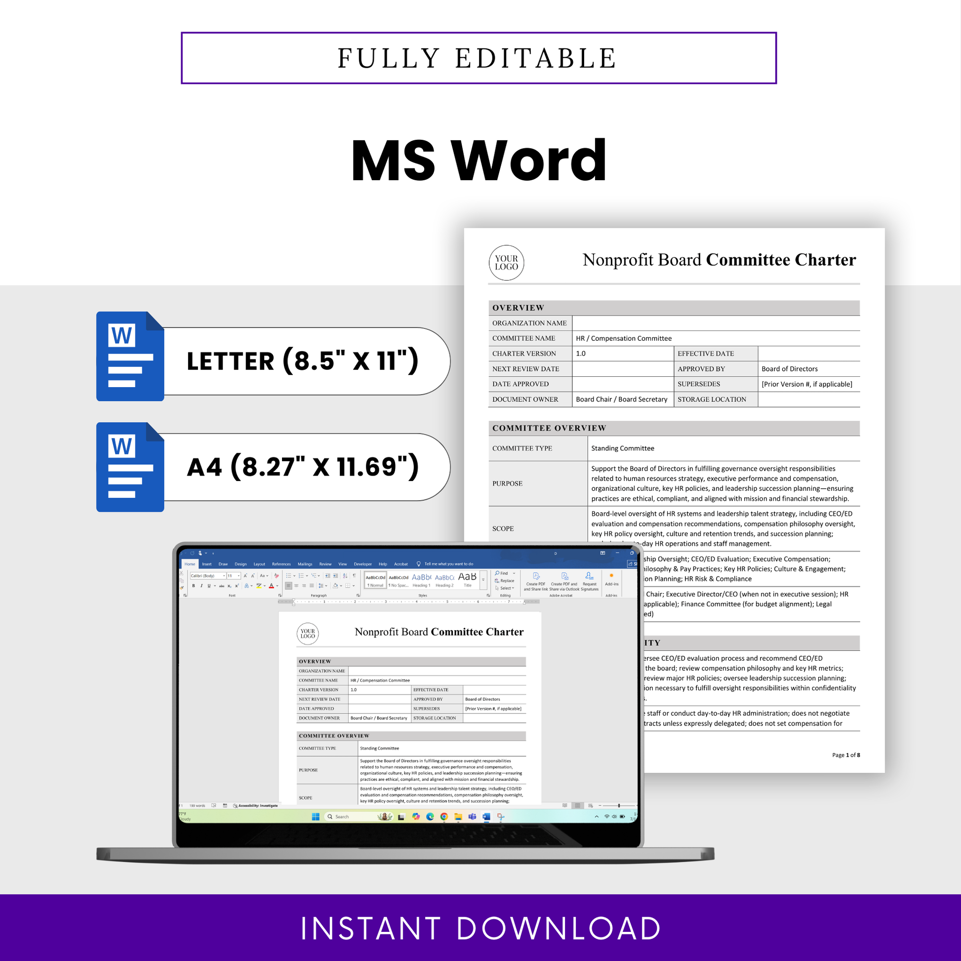 Editable nonprofit board charter template in Microsoft Word format with letter and A4 sizes, customizable document with professional layout for HR and compensation committee use