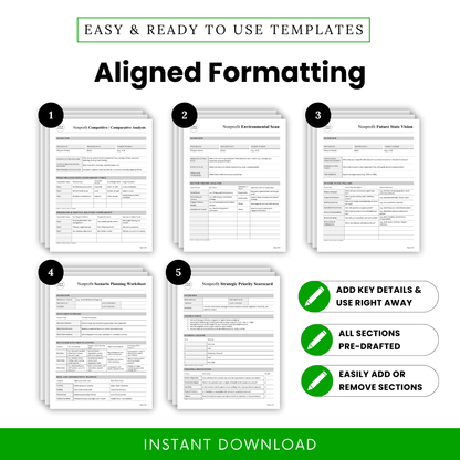 A clean and professionally aligned set of nonprofit planning templates featuring structured layouts, consistent formatting, and easy-to-follow sections for streamlined strategic planning.