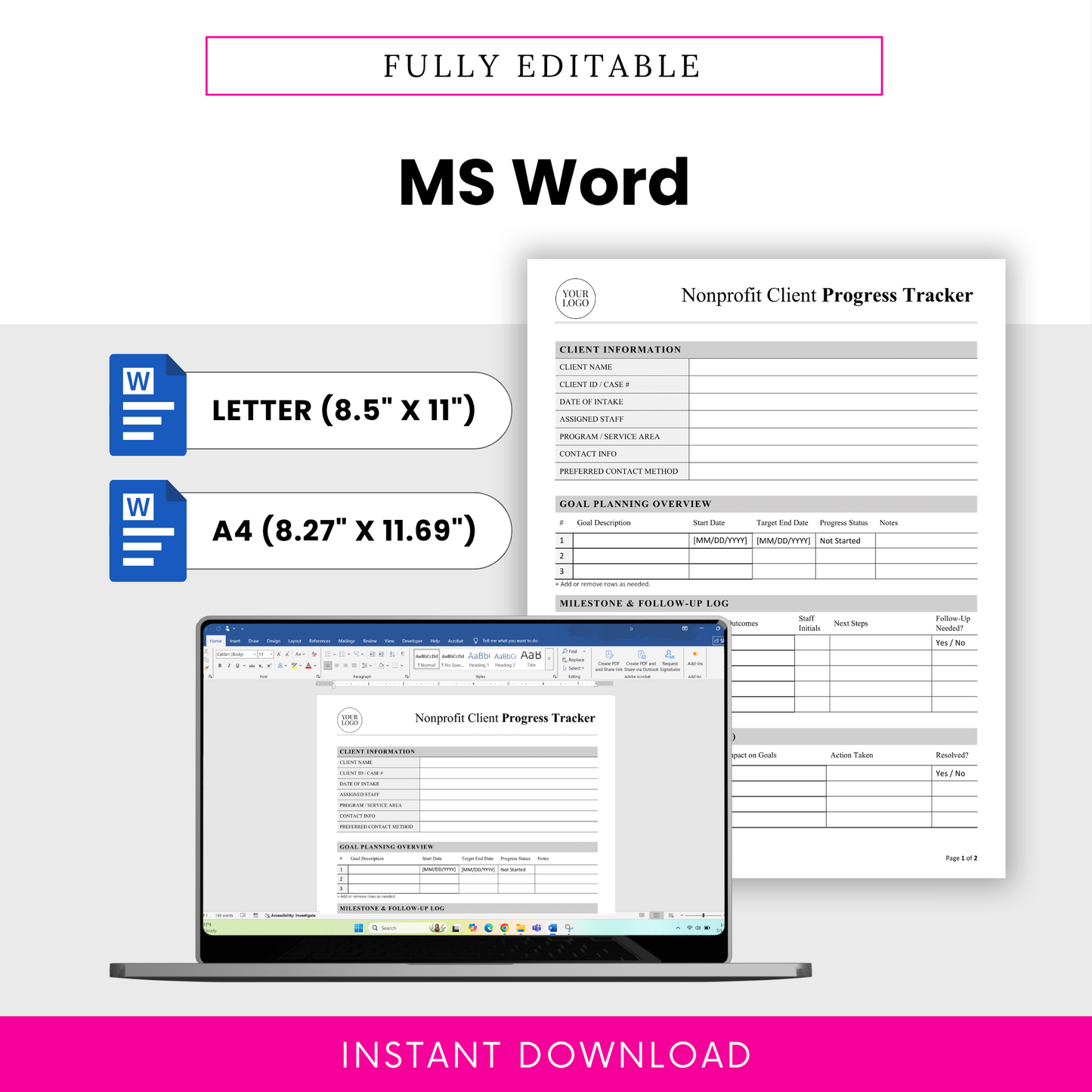 Fully editable nonprofit client progress tracker in Microsoft Word format with US Letter and A4 sizes, customizable layout for case managers, nonprofits, and social workers