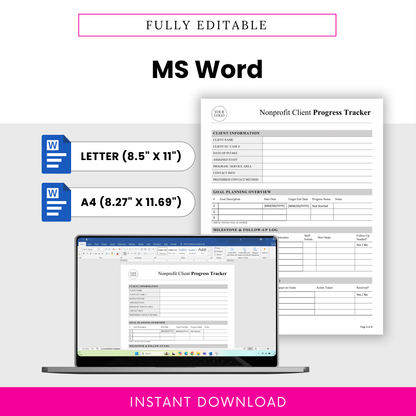 Fully editable nonprofit client progress tracker in Microsoft Word format with US Letter and A4 sizes, customizable layout for case managers, nonprofits, and social workers