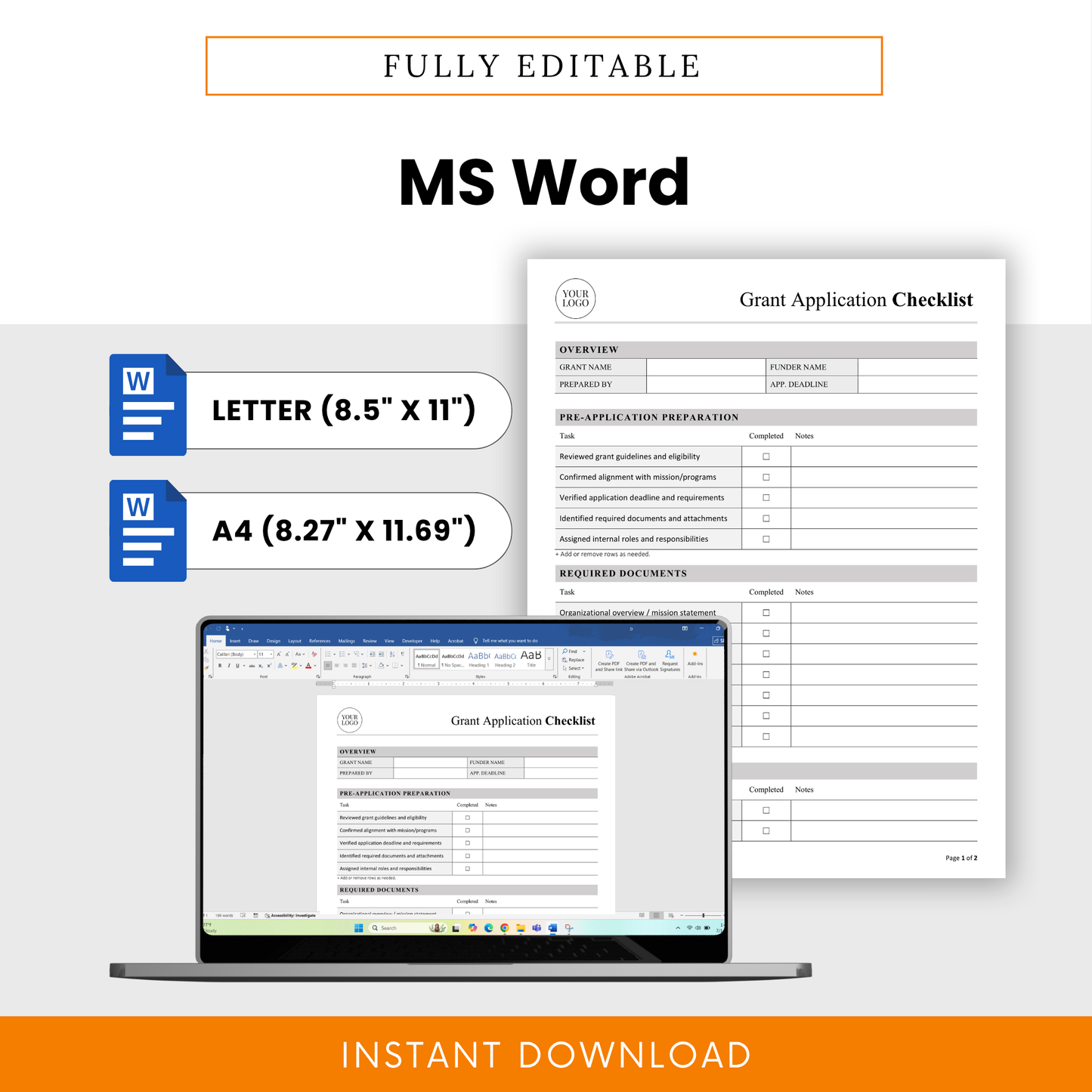 Grant Application Checklist Template Word displayed on screen with fully editable format in US Letter and A4 sizes. This Grant Application Checklist Template is perfect for users who need a customizable, professional business template for grant writing, planning, and document management.
