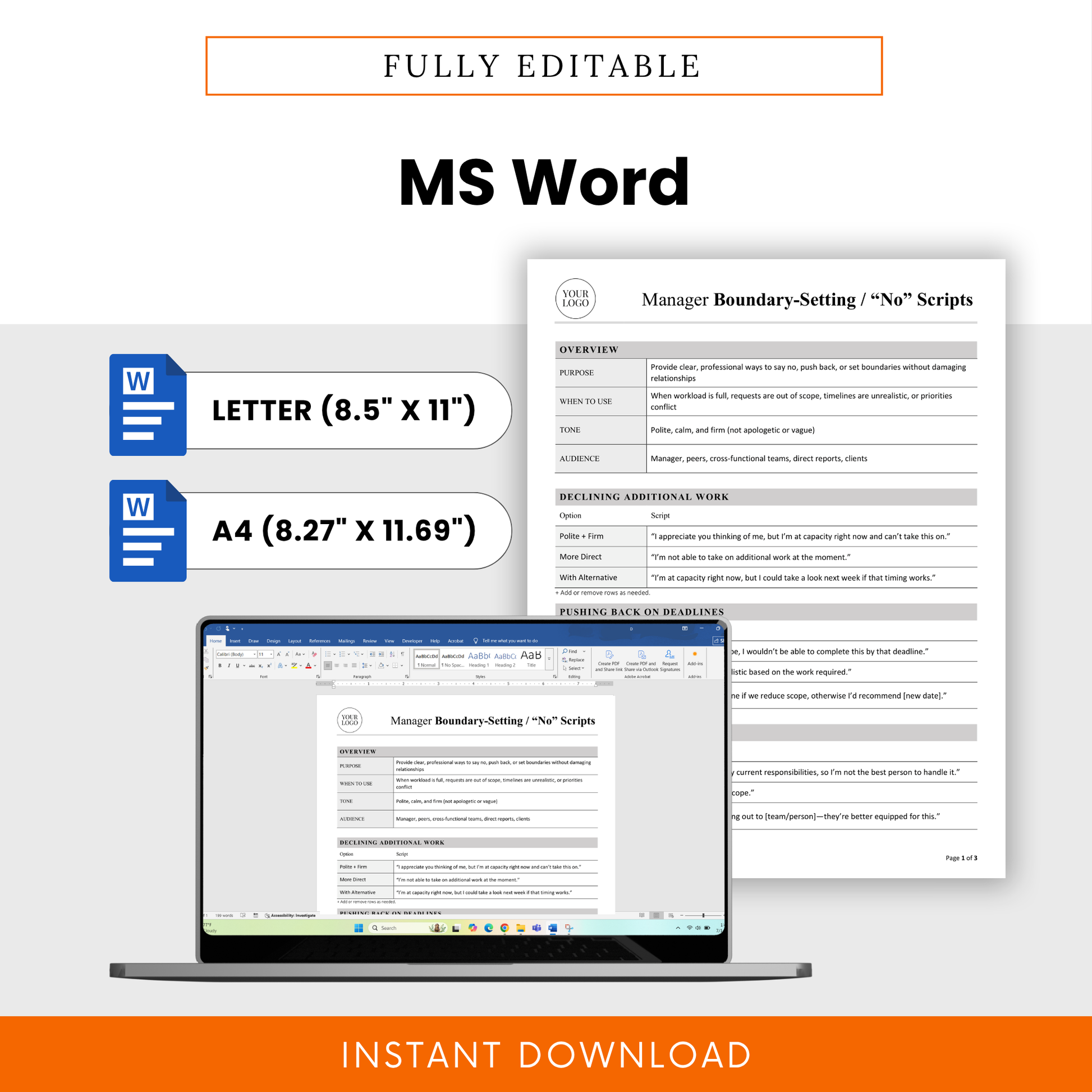 Manager boundary setting template editable Microsoft Word document, customizable business communication scripts, letter and A4 sizes, professional printable template