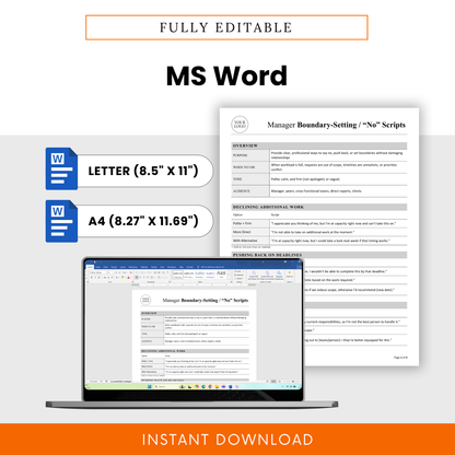 Manager boundary setting template editable Microsoft Word document, customizable business communication scripts, letter and A4 sizes, professional printable template