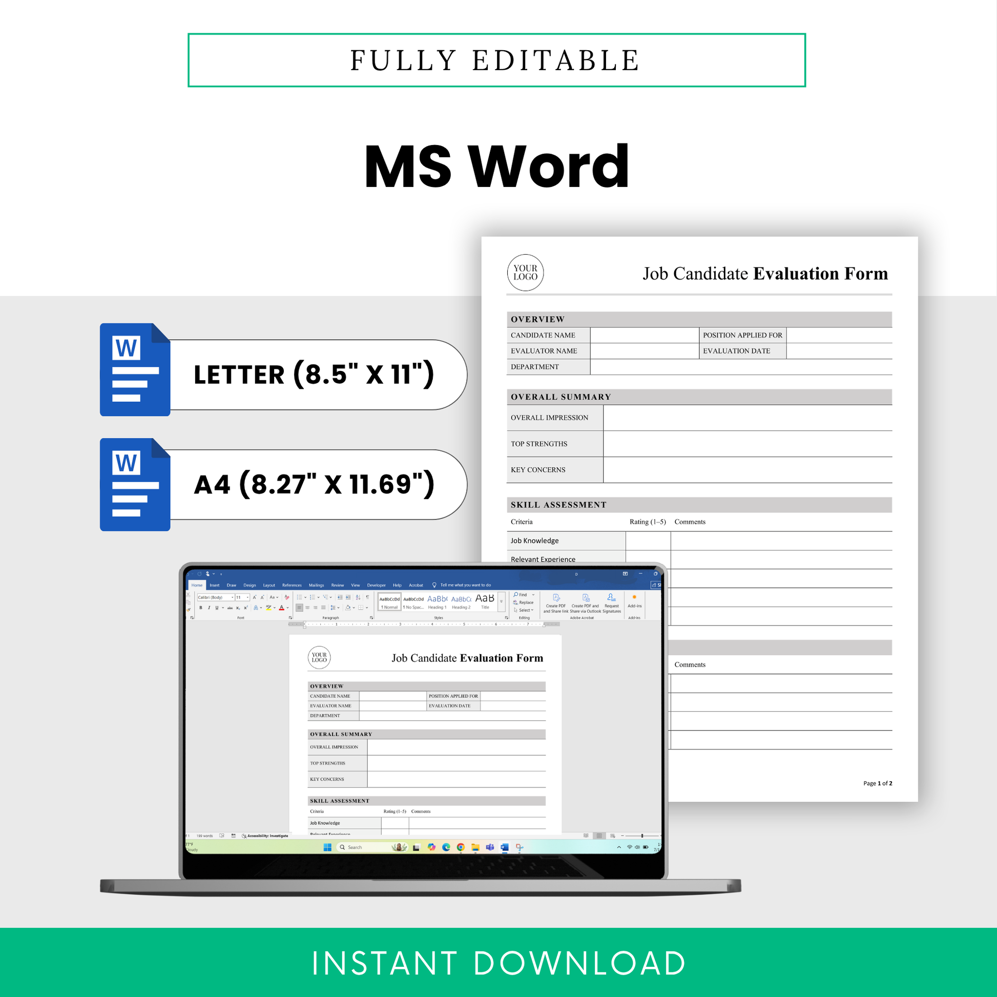 Editable job candidate evaluation form template in Microsoft Word with Letter and A4 sizes for customizable hiring and recruitment use.