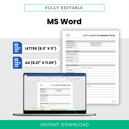 Editable job candidate evaluation form template in Microsoft Word with Letter and A4 sizes for customizable hiring and recruitment use.