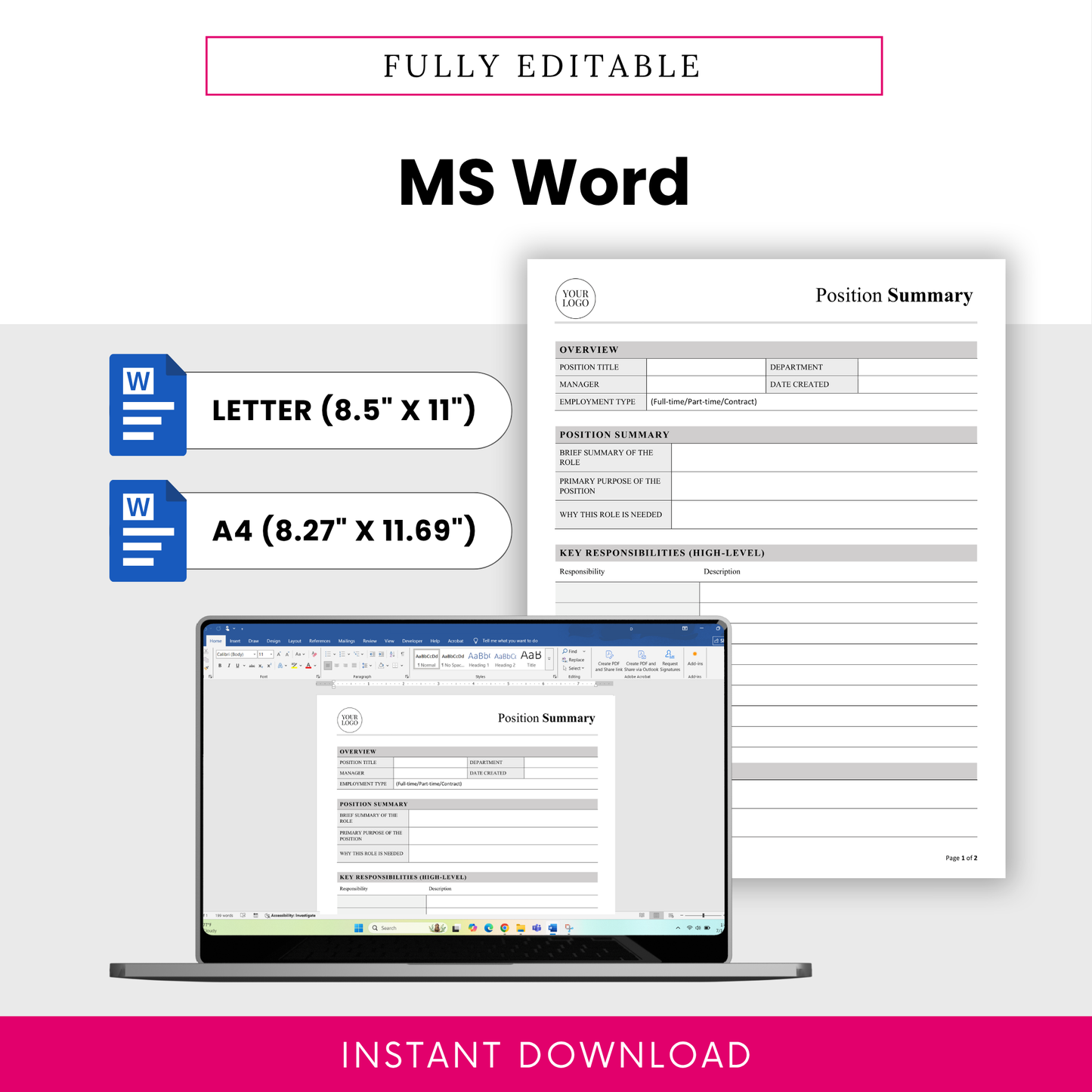 Editable position summary template in Microsoft Word format with letter and A4 sizes, easy to customize HR document for job roles, hiring, and employee documentation