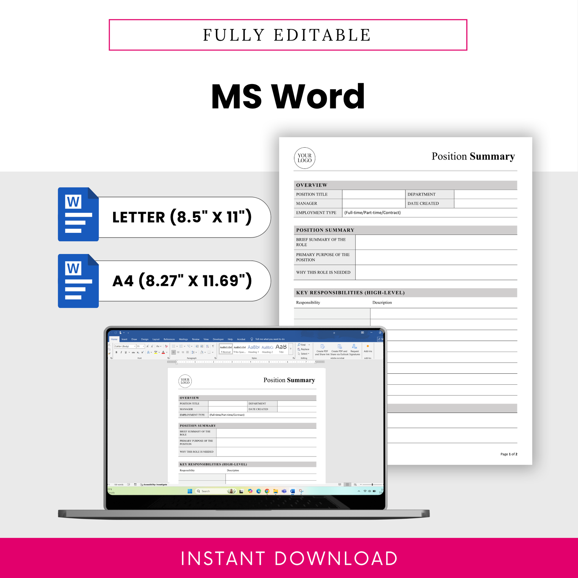 Editable position summary template in Microsoft Word format with letter and A4 sizes, easy to customize HR document for job roles, hiring, and employee documentation