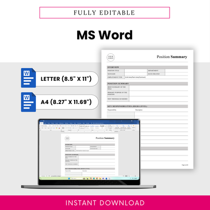 Editable position summary template in Microsoft Word format with letter and A4 sizes, easy to customize HR document for job roles, hiring, and employee documentation