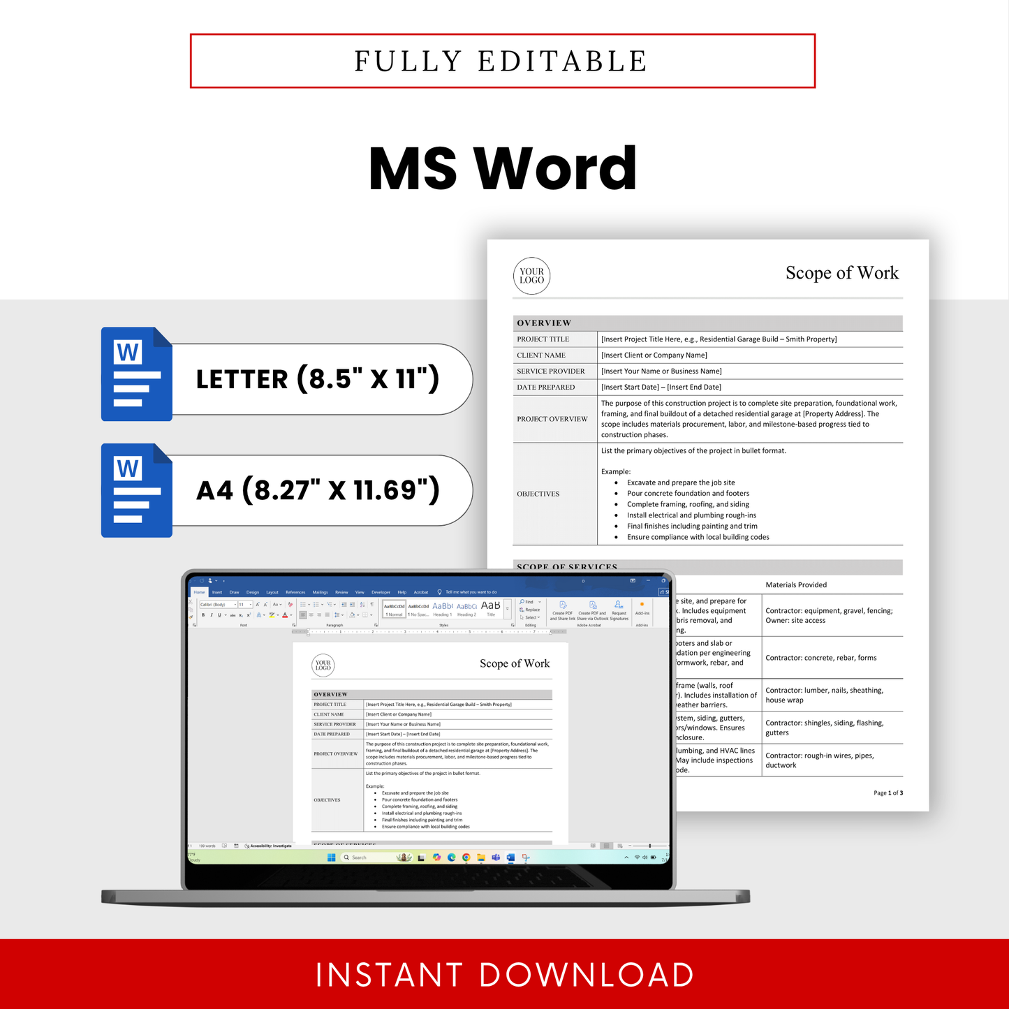 Scope of Work Template Word format displayed on desktop with US Letter and A4 sizing options for easy customization. This simple and editable business template is ideal for contractors and project managers who need a flexible, professional document ready for immediate use.