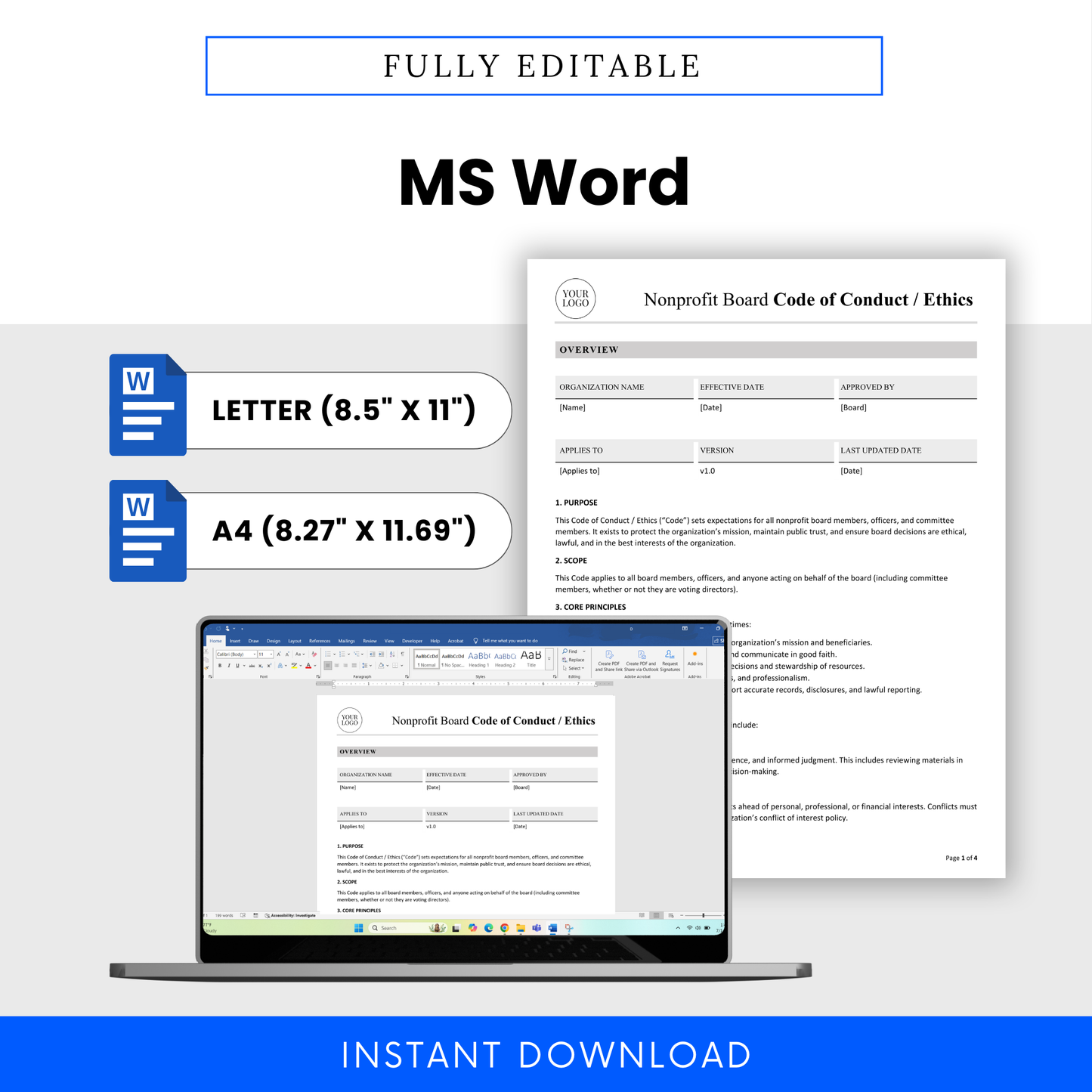 MS Word nonprofit document on a laptop screen with text and layout options displayed.