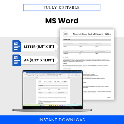MS Word nonprofit document on a laptop screen with text and layout options displayed.