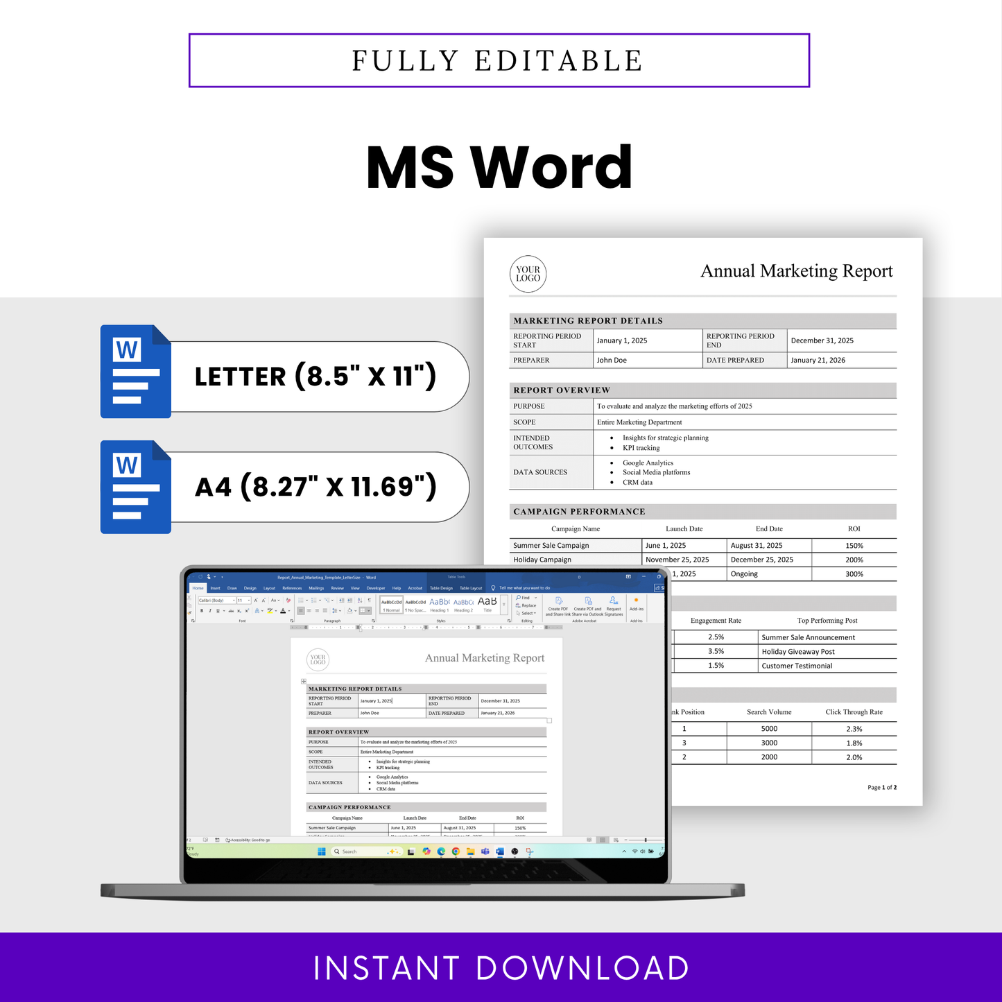 Annual Marketing Report Template Word format displayed on a laptop, emphasizing full editability and customization. This business template is ideal for managers and teams who need a flexible, professional marketing report they can easily modify.