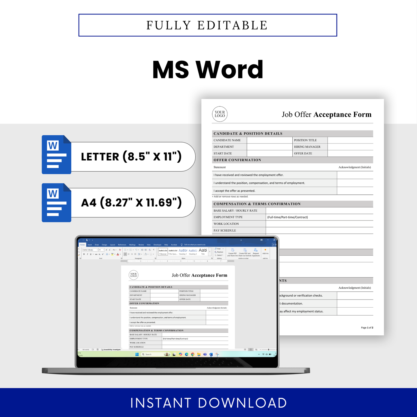 Job Offer Acceptance Template Word displayed on screen, emphasizing full editability and Letter/A4 sizing options. This simple employment acceptance template is ideal for HR professionals who need a customizable and reusable business document.