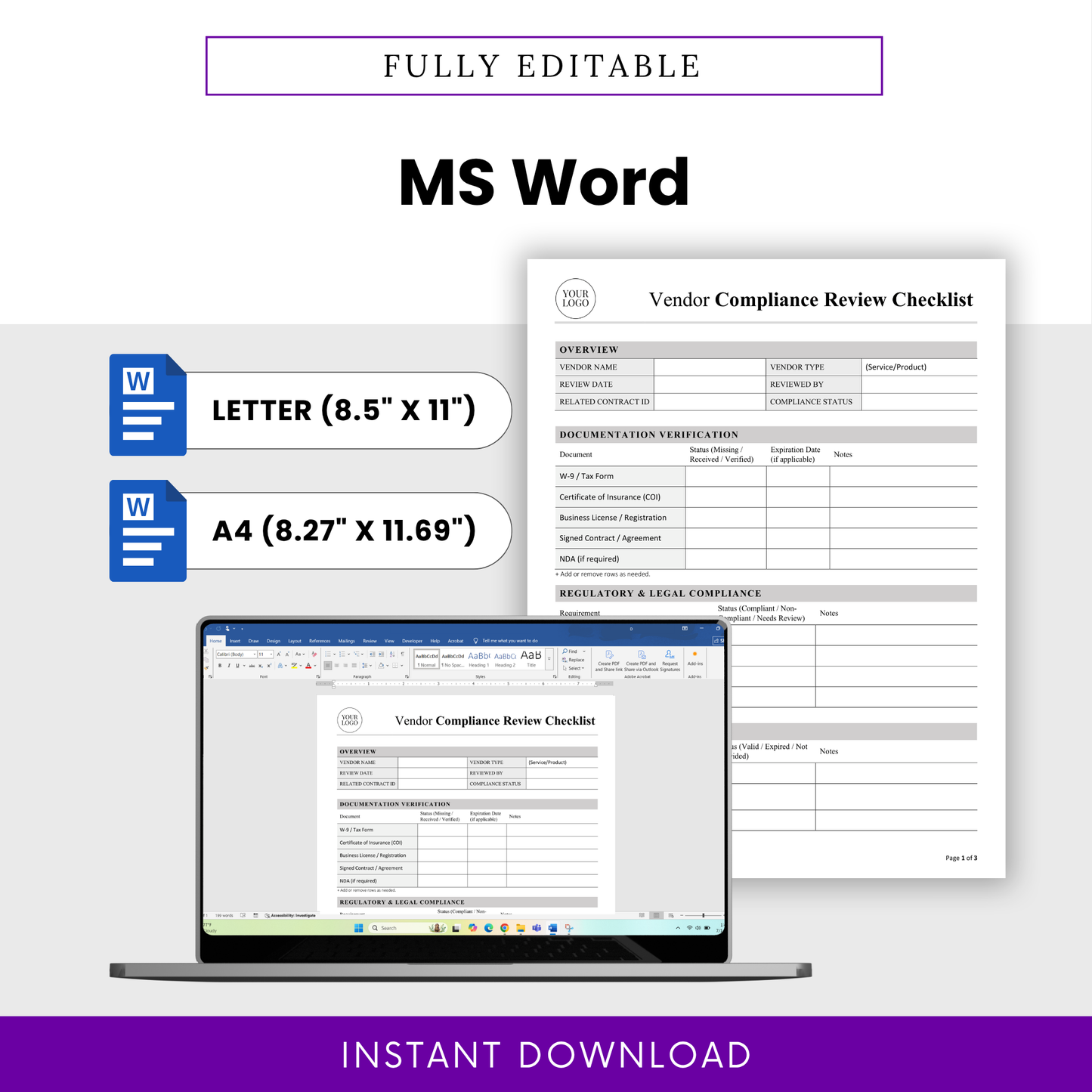 Vendor Compliance Review Checklist Template Word shown in editable format with US Letter and A4 sizes. This simple Vendor Compliance Template is designed for easy editing, branding, and immediate use by business professionals.