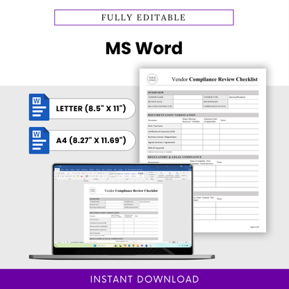 Vendor Compliance Review Checklist Template Word shown in editable format with US Letter and A4 sizes. This simple Vendor Compliance Template is designed for easy editing, branding, and immediate use by business professionals.