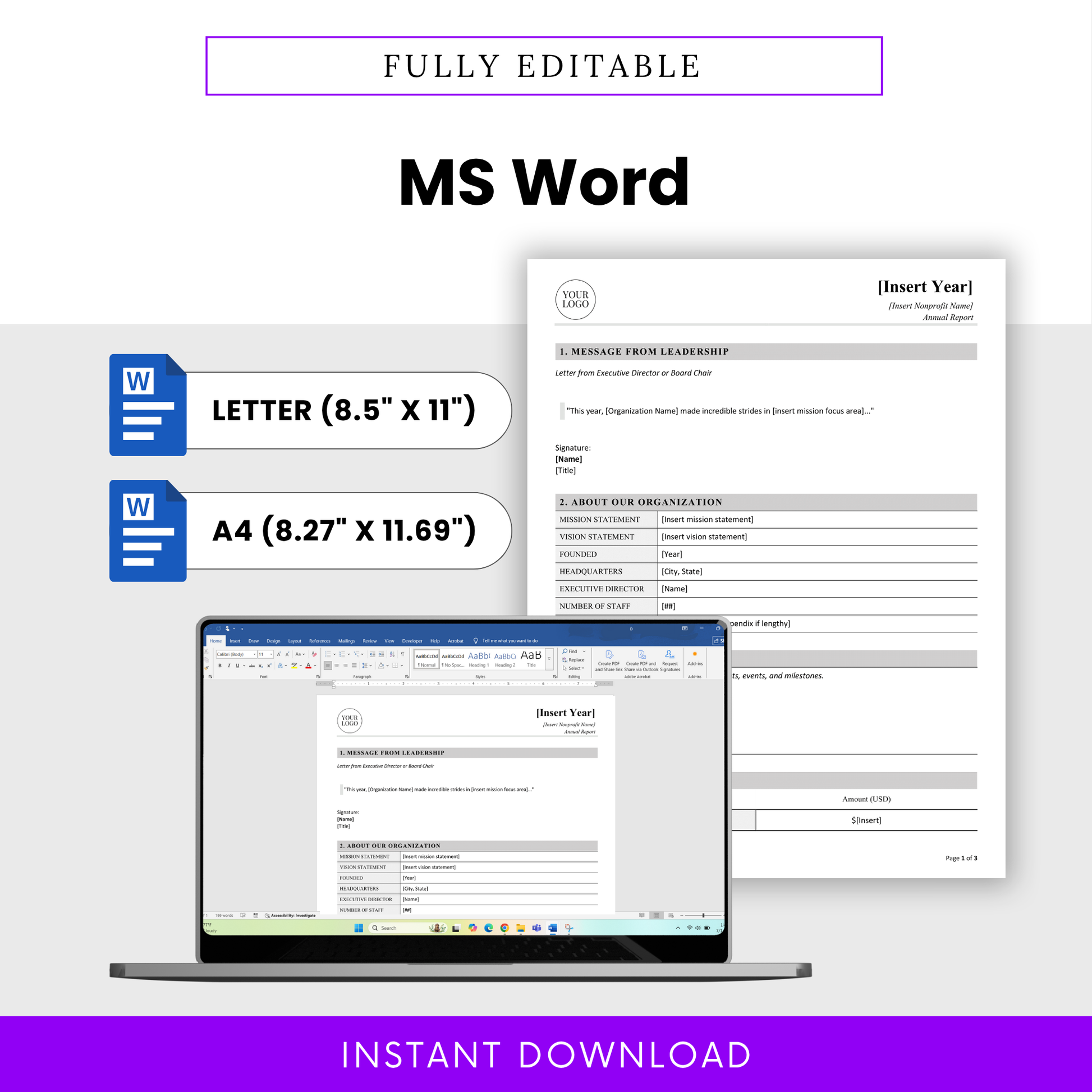 Editable nonprofit annual report template in Microsoft Word format with letter and A4 sizes, customizable layout with placeholders for nonprofit branding, mission, and annual data