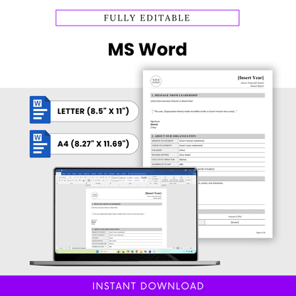 Editable nonprofit annual report template in Microsoft Word format with letter and A4 sizes, customizable layout with placeholders for nonprofit branding, mission, and annual data