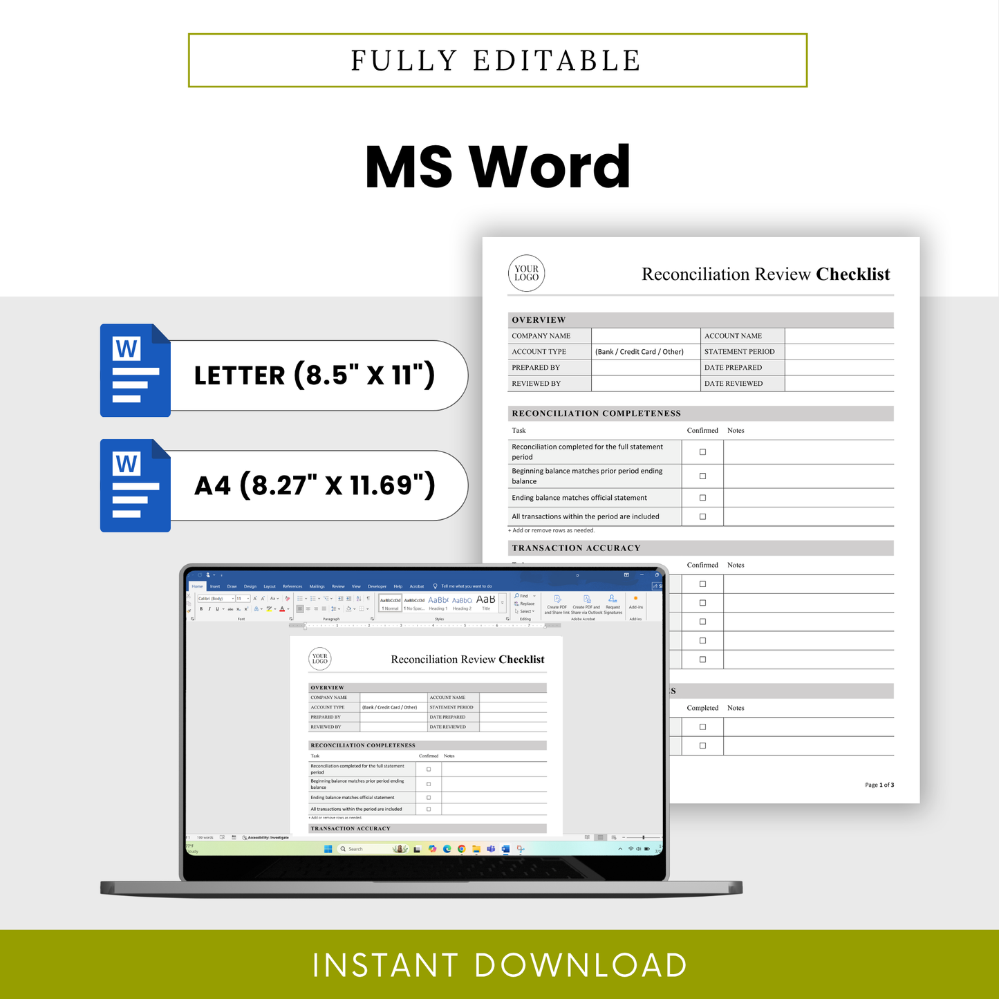Editable reconciliation checklist template in Microsoft Word format with US Letter and A4 sizes for accounting, bookkeeping, and financial reconciliation tasks