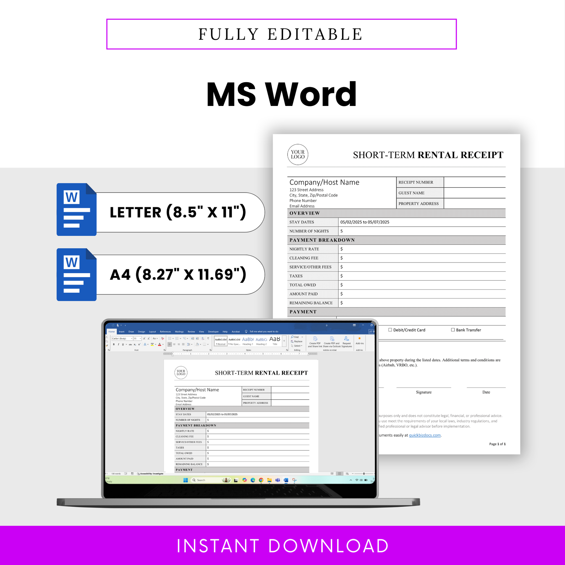 Editable short-term rental receipt template shown in Microsoft Word format, designed for easy customization with your branding and property details