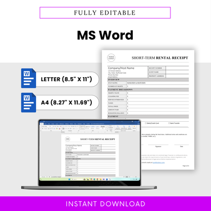 Editable short-term rental receipt template shown in Microsoft Word format, designed for easy customization with your branding and property details