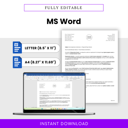 Grant Cover Letter Template Word shown in editable format with Letter and A4 sizes for flexible use. This professional business template is perfect for grant writers and nonprofit teams who need a customizable and reusable funding request letter.