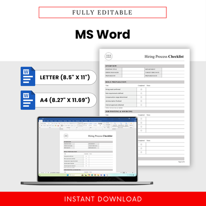 Editable hiring checklist template in Microsoft Word format with US Letter and A4 sizes, customizable HR document for recruitment tracking and employee hiring process management