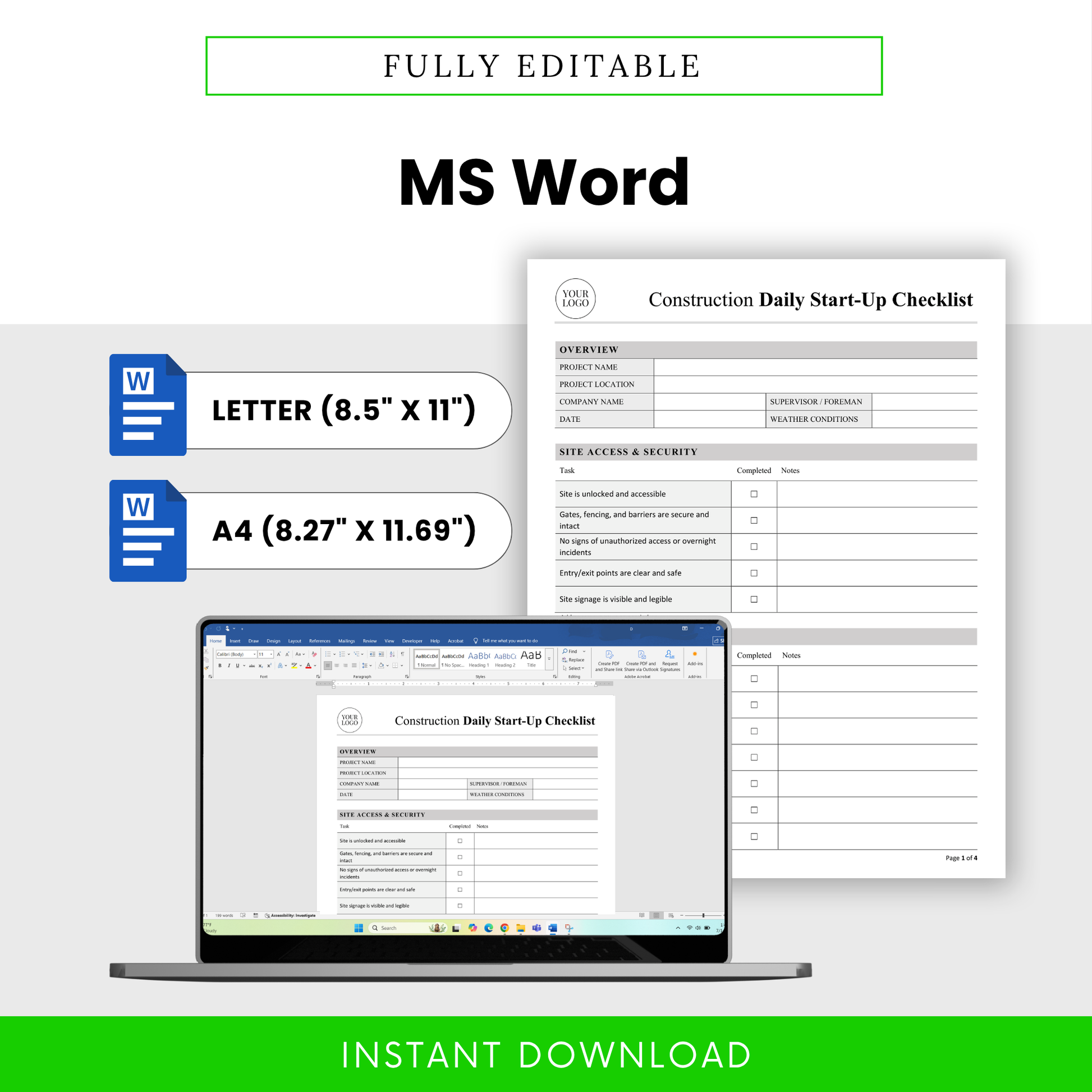 Editable Construction Daily Start-Up Checklist Template Word displayed on laptop with US Letter and A4 sizing options. This fully customizable construction checklist template allows easy branding and editing for contractors and project managers. Perfect for digital use or printing as a professional business document.