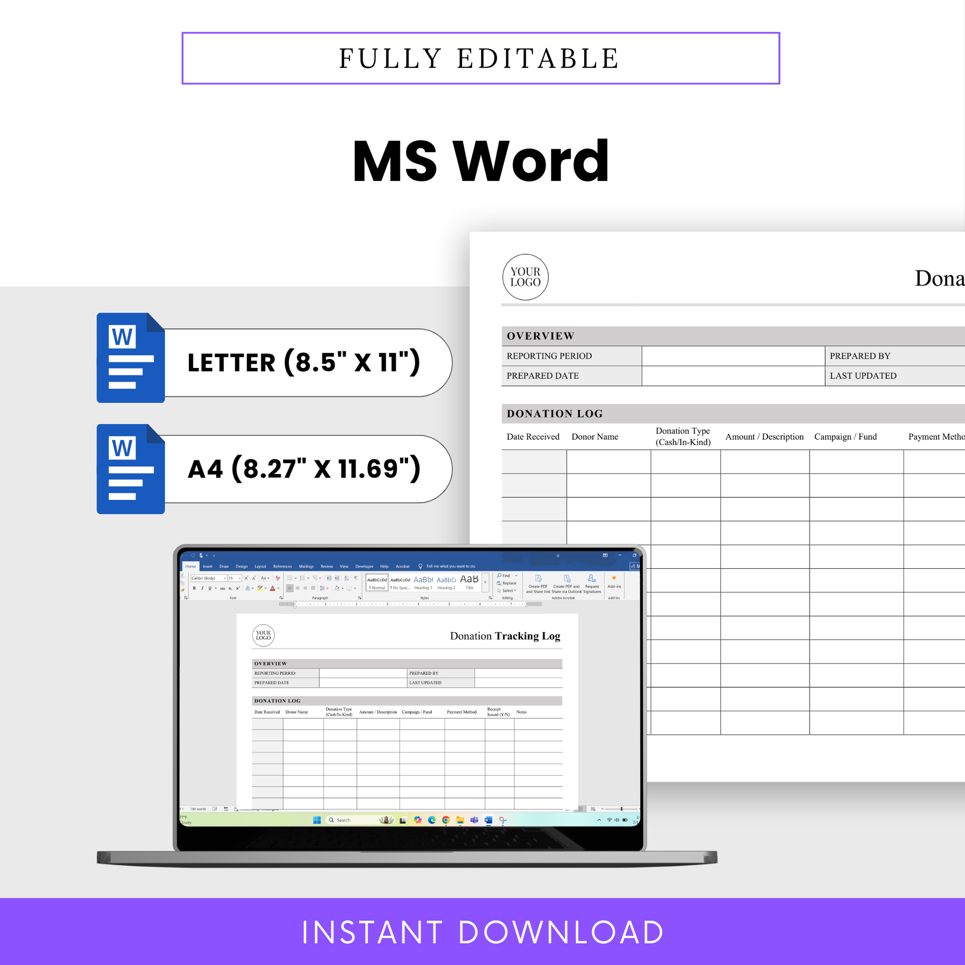 Donation Tracking Log Template Word format shown with editable layout in US Letter and A4 sizes. This customizable donation log template is ideal for small businesses, nonprofits, and organizations needing a flexible and professional tracking solution.