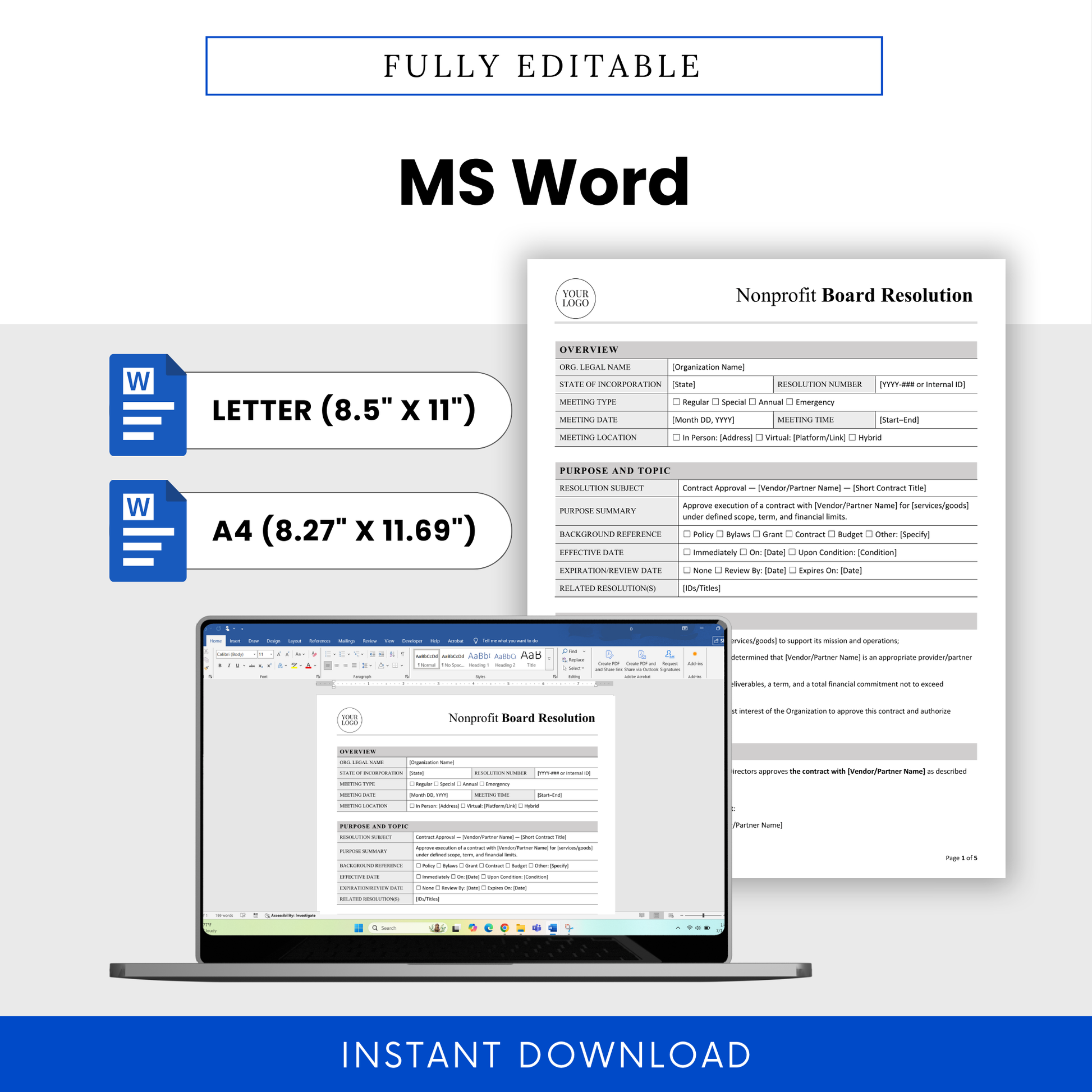 Editable nonprofit board resolution template in Microsoft Word format, customizable document with letter and A4 sizes, easy to modify for nonprofit governance and approvals