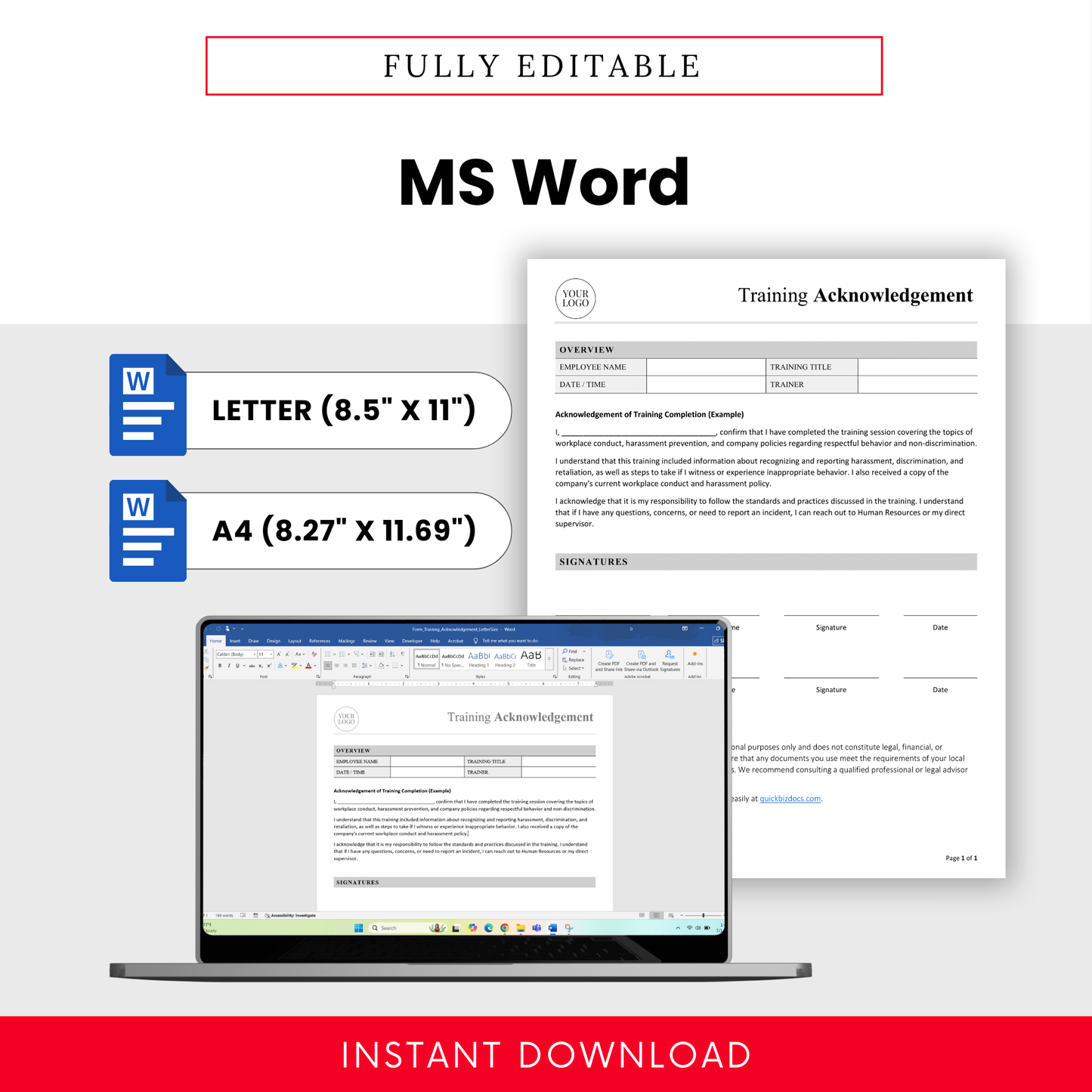 Editable training acknowledgement Word document displayed on a laptop screen, compatible with Letter (8.5" × 11") and A4 (8.27" × 11.69") paper sizes.