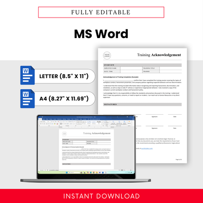 Editable training acknowledgement Word document displayed on a laptop screen, compatible with Letter (8.5" × 11") and A4 (8.27" × 11.69") paper sizes.