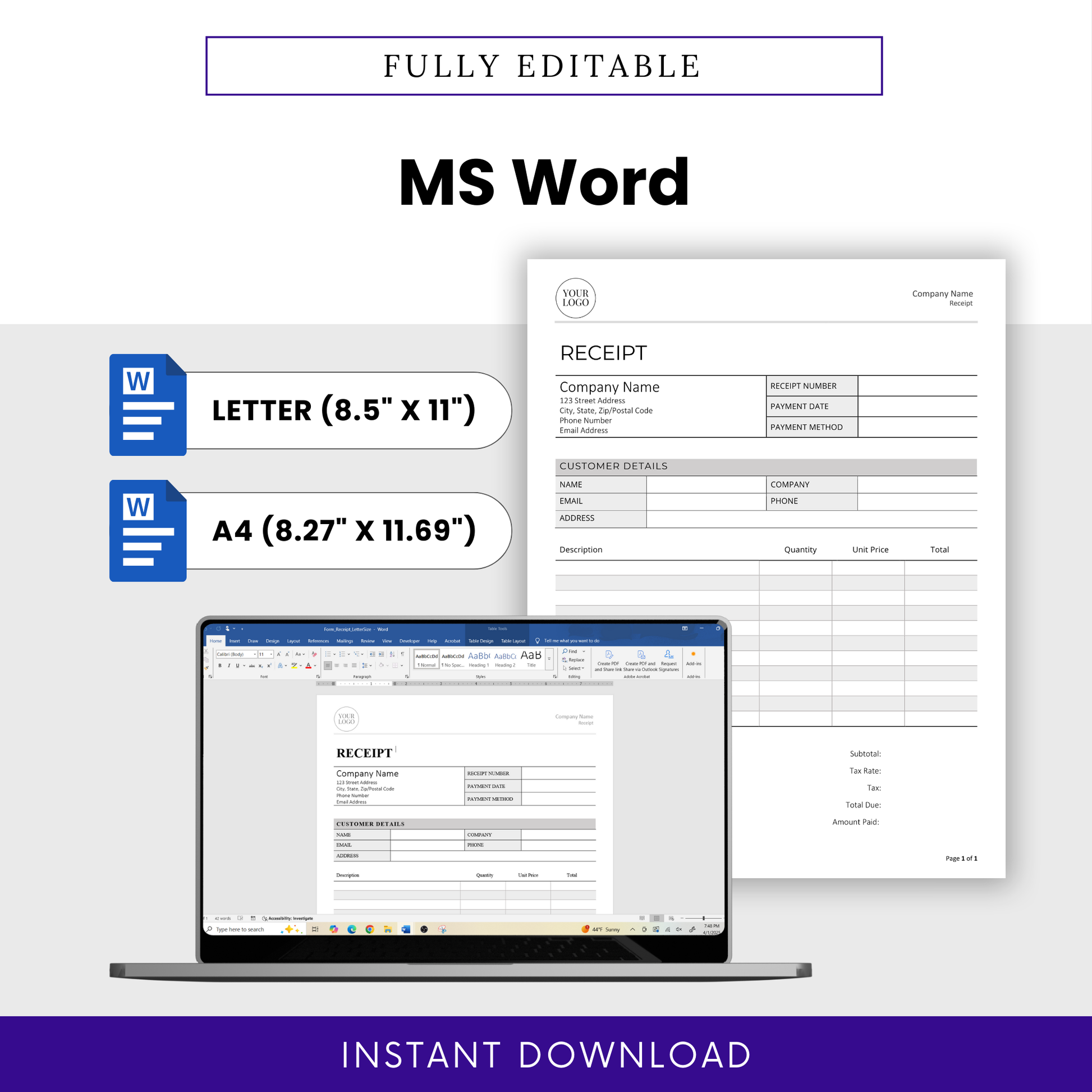 Editable Receipt Template for MS Word, available in US Letter (8.5 x 11”) and A4 (8.27 x 11.69”) sizes. Displayed on a laptop screen with a clean, professional layout for easy customization. Instant download and fully editable format.