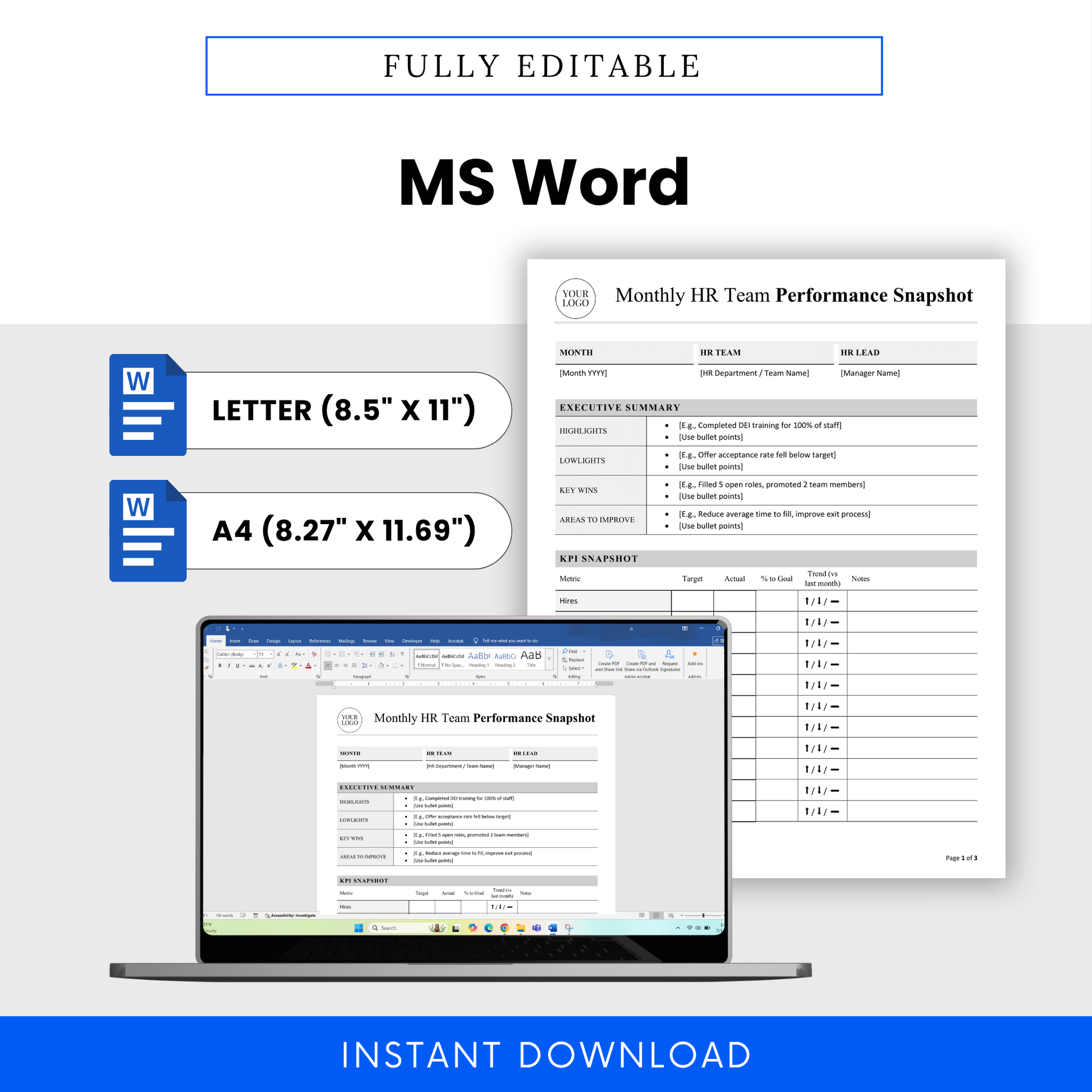 Editable HR performance report template displayed in Microsoft Word format with US Letter and A4 sizes, customizable layout for HR teams and business reporting