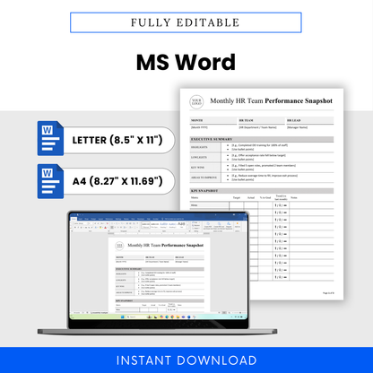 Editable HR performance report template displayed in Microsoft Word format with US Letter and A4 sizes, customizable layout for HR teams and business reporting