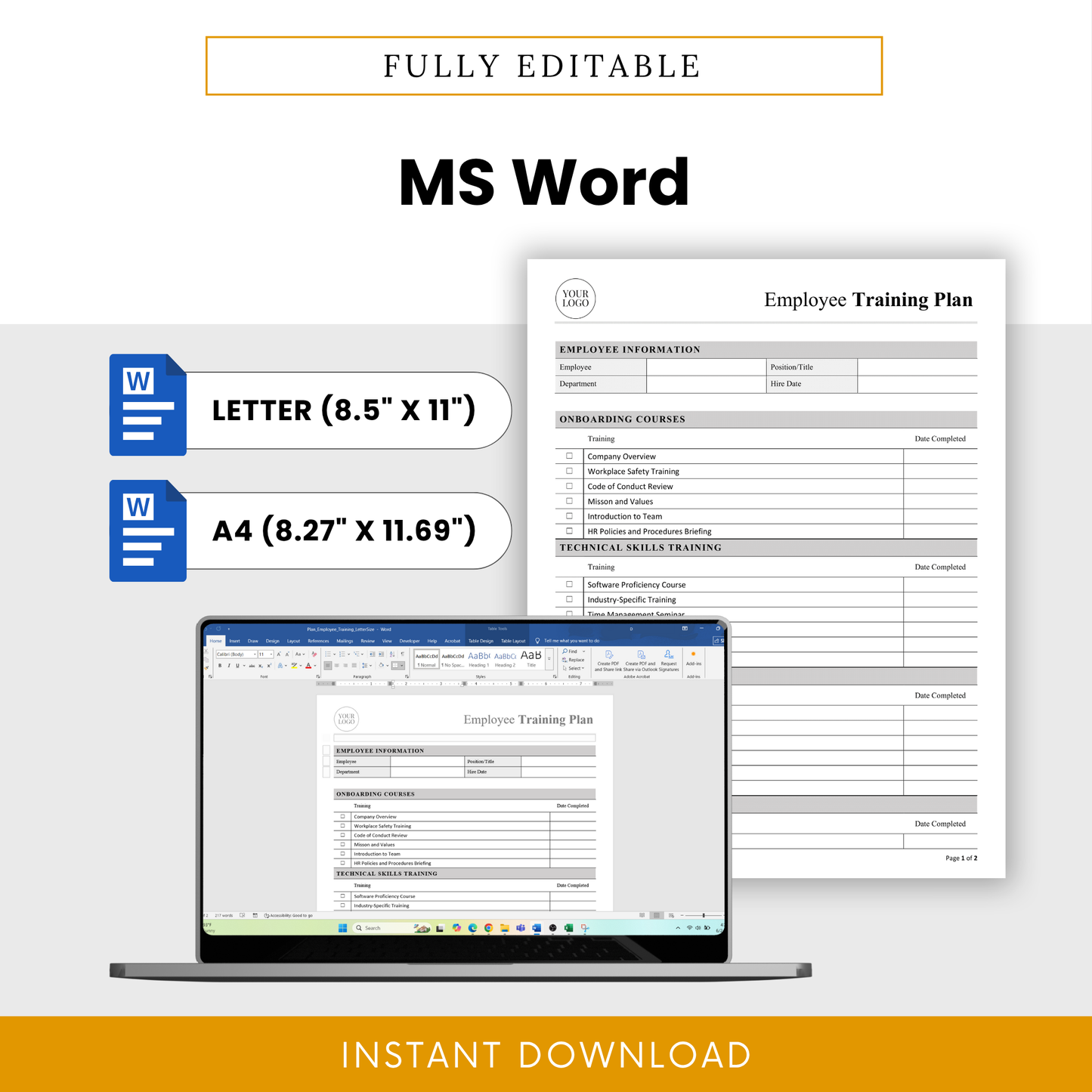 Editable Word document preview with both Letter and A4 sizes shown, featuring a laptop displaying the training plan open in Microsoft Word.