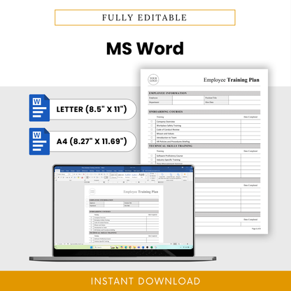 Editable Word document preview with both Letter and A4 sizes shown, featuring a laptop displaying the training plan open in Microsoft Word.