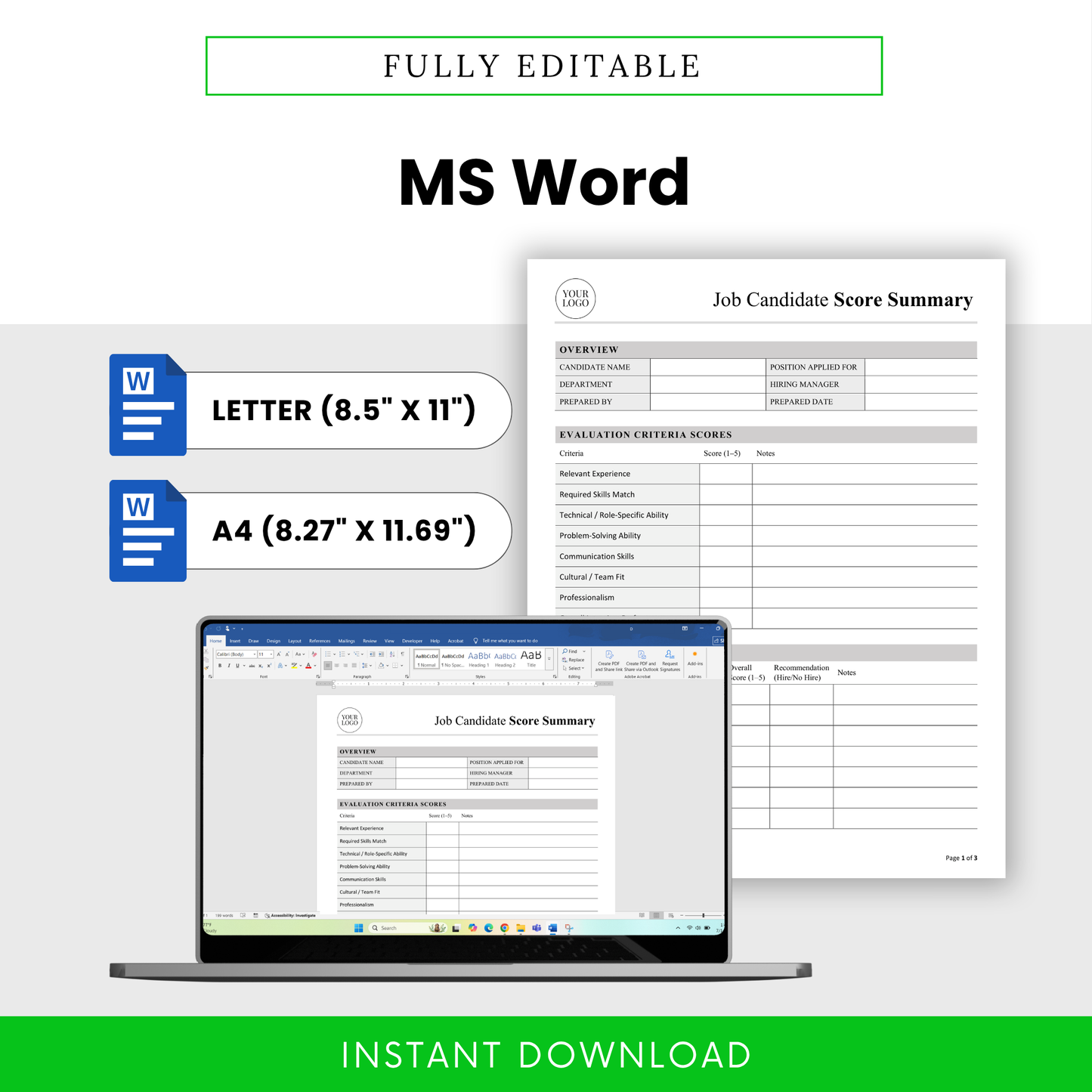 Job Candidate Score Summary Template Word shown on a laptop screen, emphasizing easy editing and customization. This professional hiring template is ideal for managers and recruiters who need a flexible, editable business document in Word format.