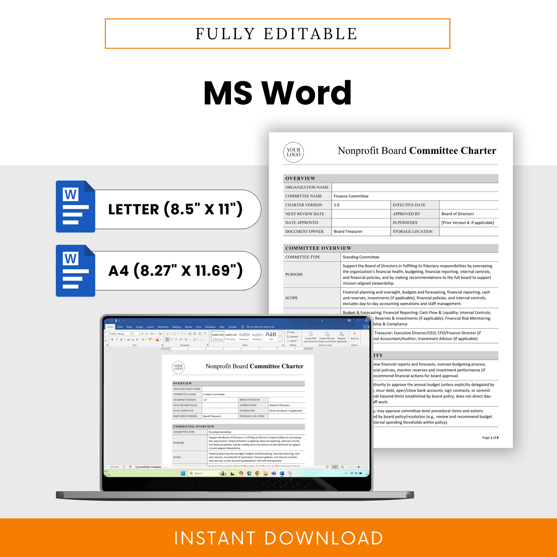 Editable nonprofit finance committee charter template displayed in Microsoft Word format with letter and A4 sizing for easy customization and professional board documentation