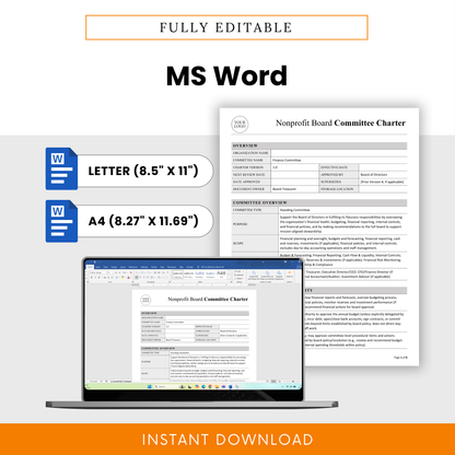 Editable nonprofit finance committee charter template displayed in Microsoft Word format with letter and A4 sizing for easy customization and professional board documentation