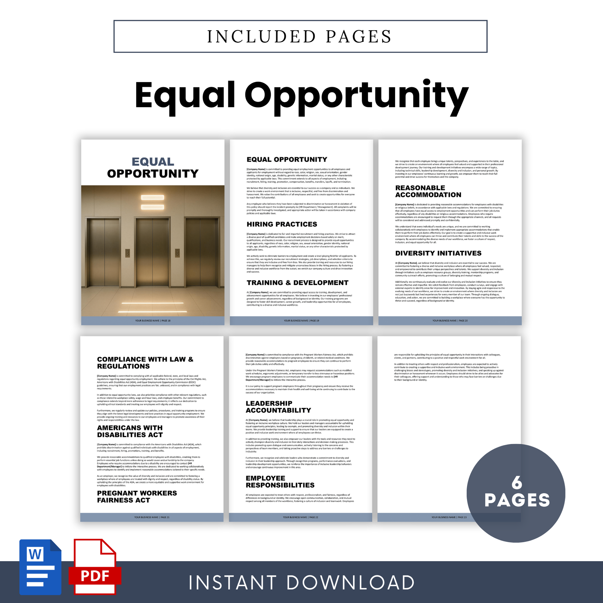 Equal opportunity policy template pages covering diversity initiatives, hiring practices, ADA compliance, and workplace fairness, corporate HR handbook design
