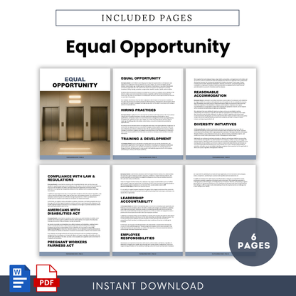 Equal opportunity policy template pages covering diversity initiatives, hiring practices, ADA compliance, and workplace fairness, corporate HR handbook design