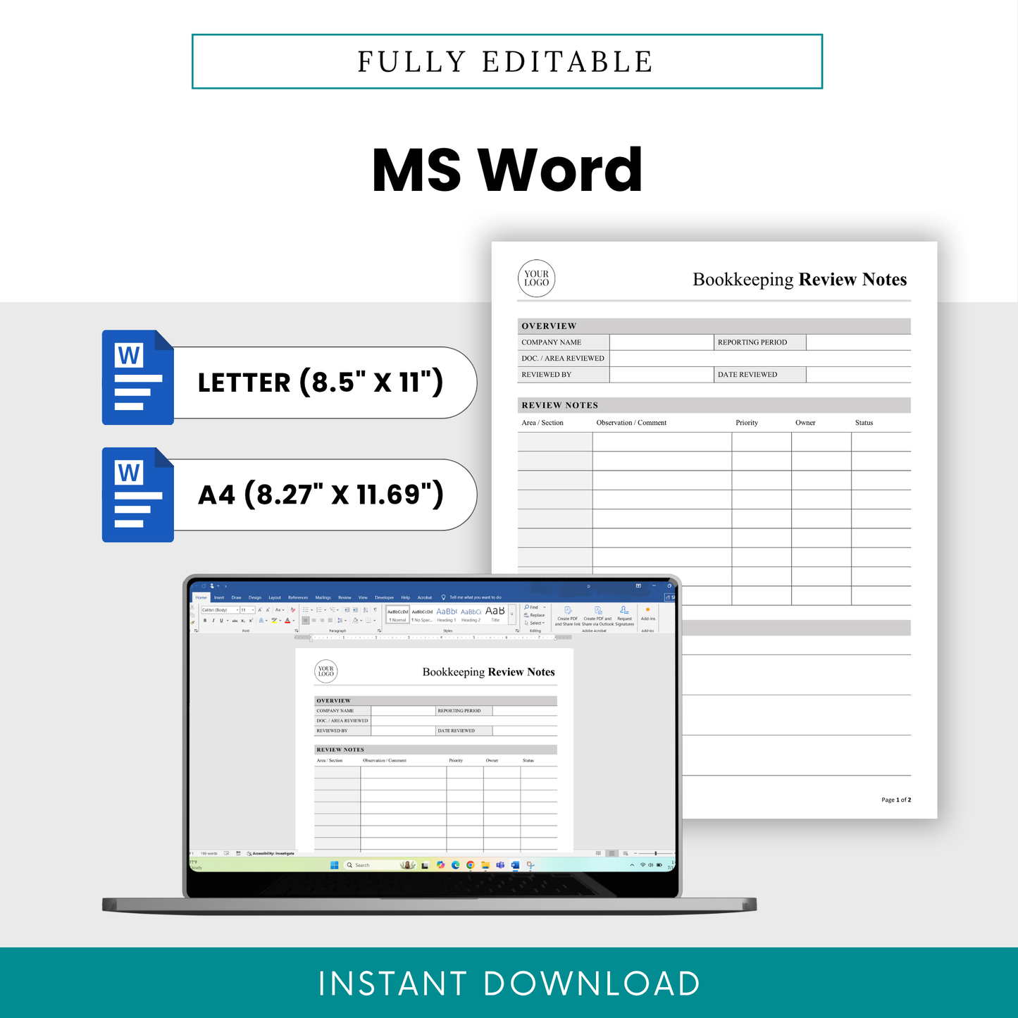 Fully editable bookkeeping template shown in Microsoft Word format with letter and A4 sizes, customizable accounting document for financial review and audit documentation