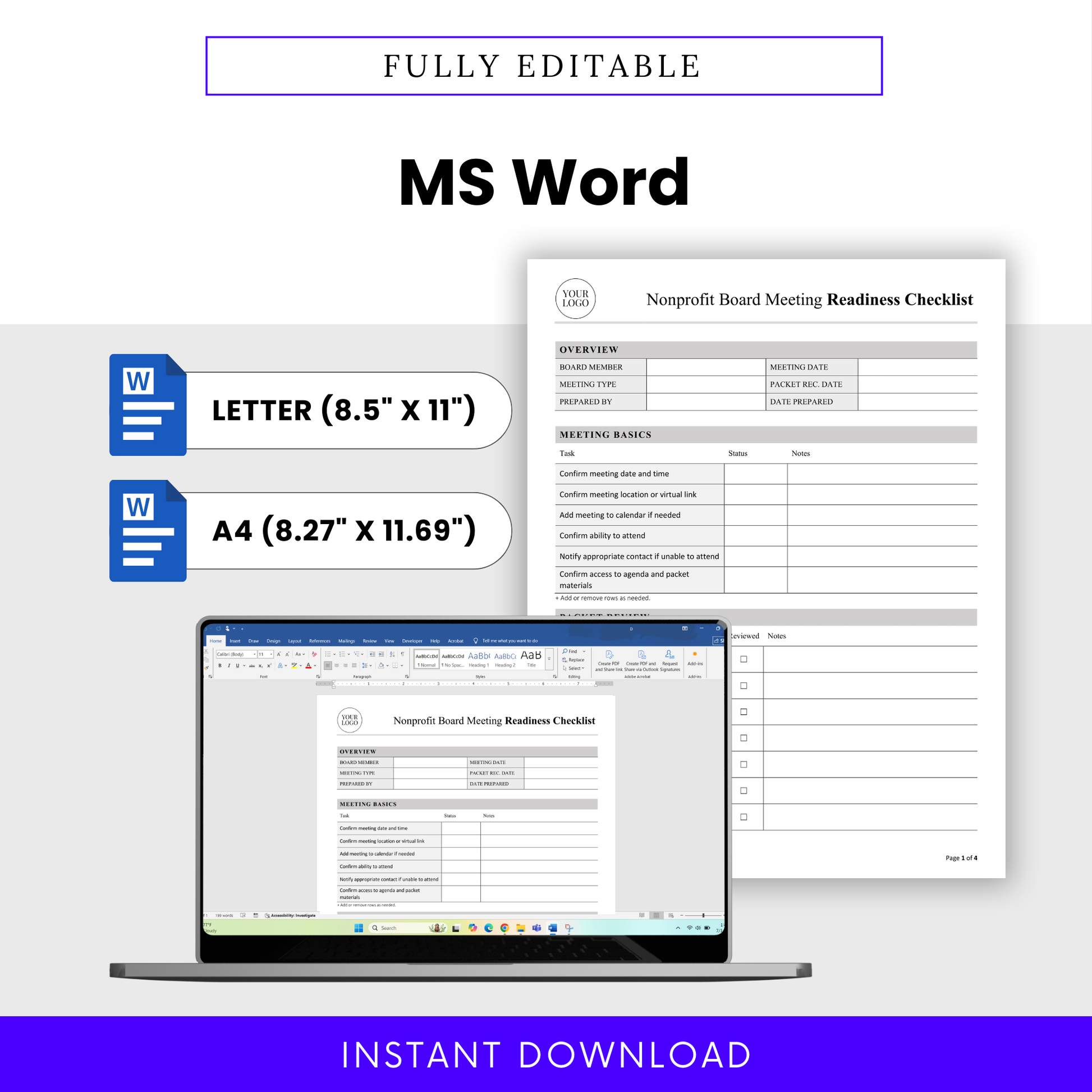 Editable nonprofit board meeting readiness checklist template shown in Microsoft Word format with Letter and A4 size options, laptop editing preview, and clean professional layout designed for nonprofit board members and administrators