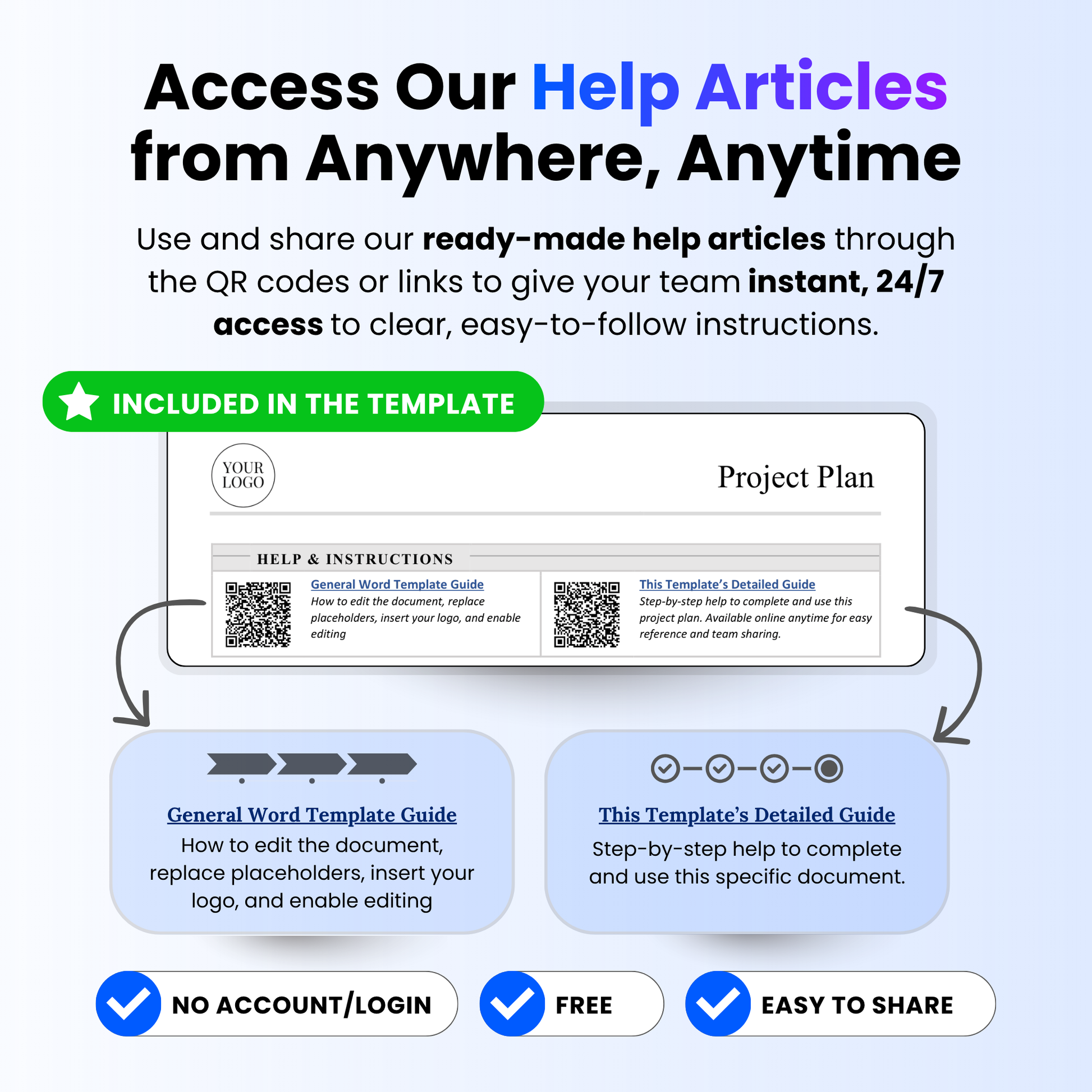 Project plan template with QR code help guides, step by step instructions, easy access support articles, editable document tutorial feature